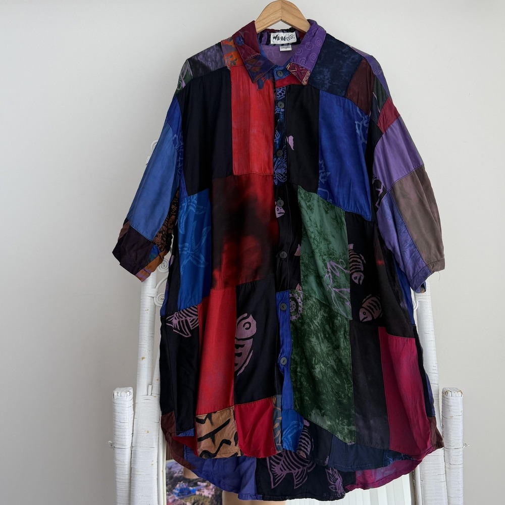 Vintage We Be Bop Tunic Top Womens 1X Patchwork Button Up Artsy Dark Boho 80s